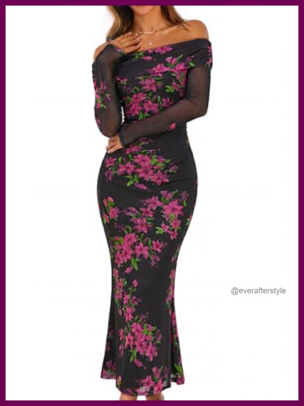 Womens Off Shoulder Floral Bodycon Long Sleeve Maxi Dress Wedding Guest